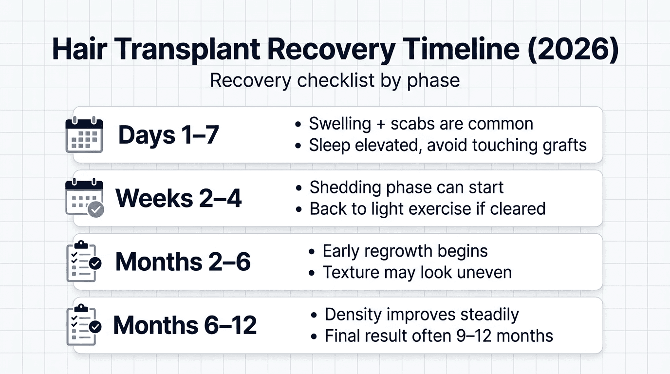 Hair Transplant Recovery Timeline (2026): Day-by-Day, What’s Normal, Red Flags & When to Fly